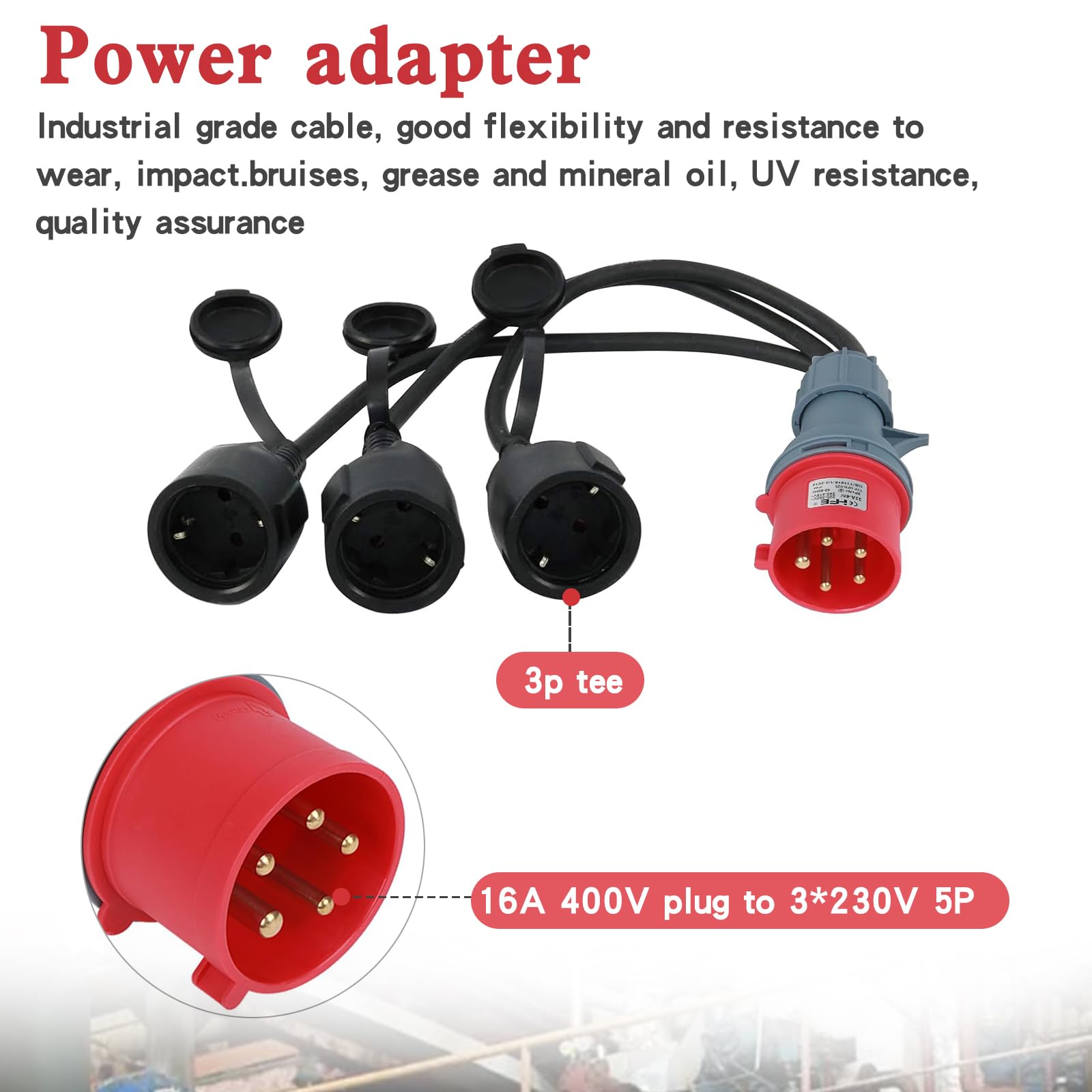 CEE Adapter rozdzielacz prądu 400 V, 16 A, wtyczka na 3 x 230 V, kabel przedłużający z wtyczką ze stykiem ochronnym i pokrywą na zawiasach, przewód adaptera CEE do zastosowań przemysłowych, przyczep