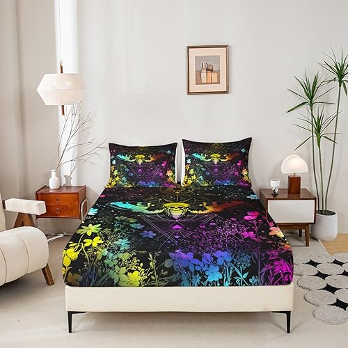 Miniatura 3 de Erosebridal Juego de sábanas de polilla de la muerte, sábana bajera multicolor de teñido anudado, tamaño queen, sol, luna, juego de ropa de cama de