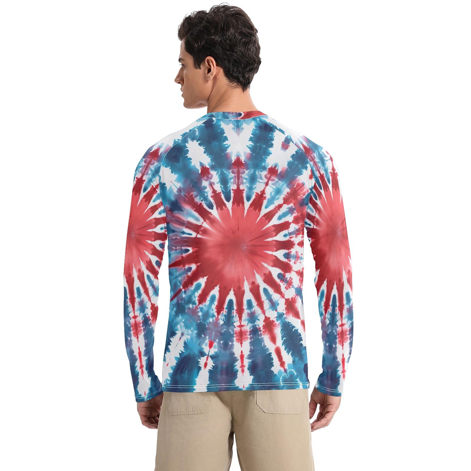 Blue Red White Tie Dye Sun Shirt UPF 50+ UV Protection Quick Dry Men's Rash Guard Long Sleeve Workout Shirts, Medium