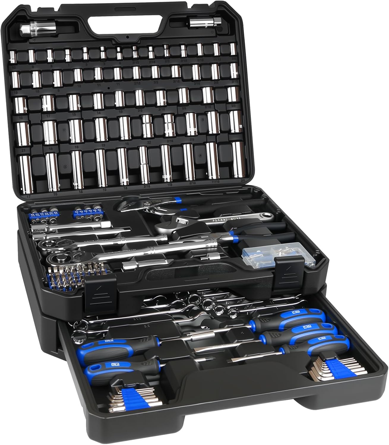 Prostormer Mechanics Tool Set with Drawer Box, 279-Piece SAE and Metric Mechanic Tool Kit with Wrenches & Sockets, General Tool Kit for Car, Motorcycle, Home Repair (Blue)