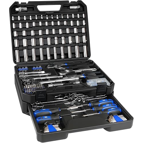 Prostormer Mechanics Tool Set with Drawer Box, 279-Piece SAE and Metric Mechanic Tool Kit with Wrenches & Sockets, General Tool Kit for Car, Motorcycle, Home Repair (Blue)