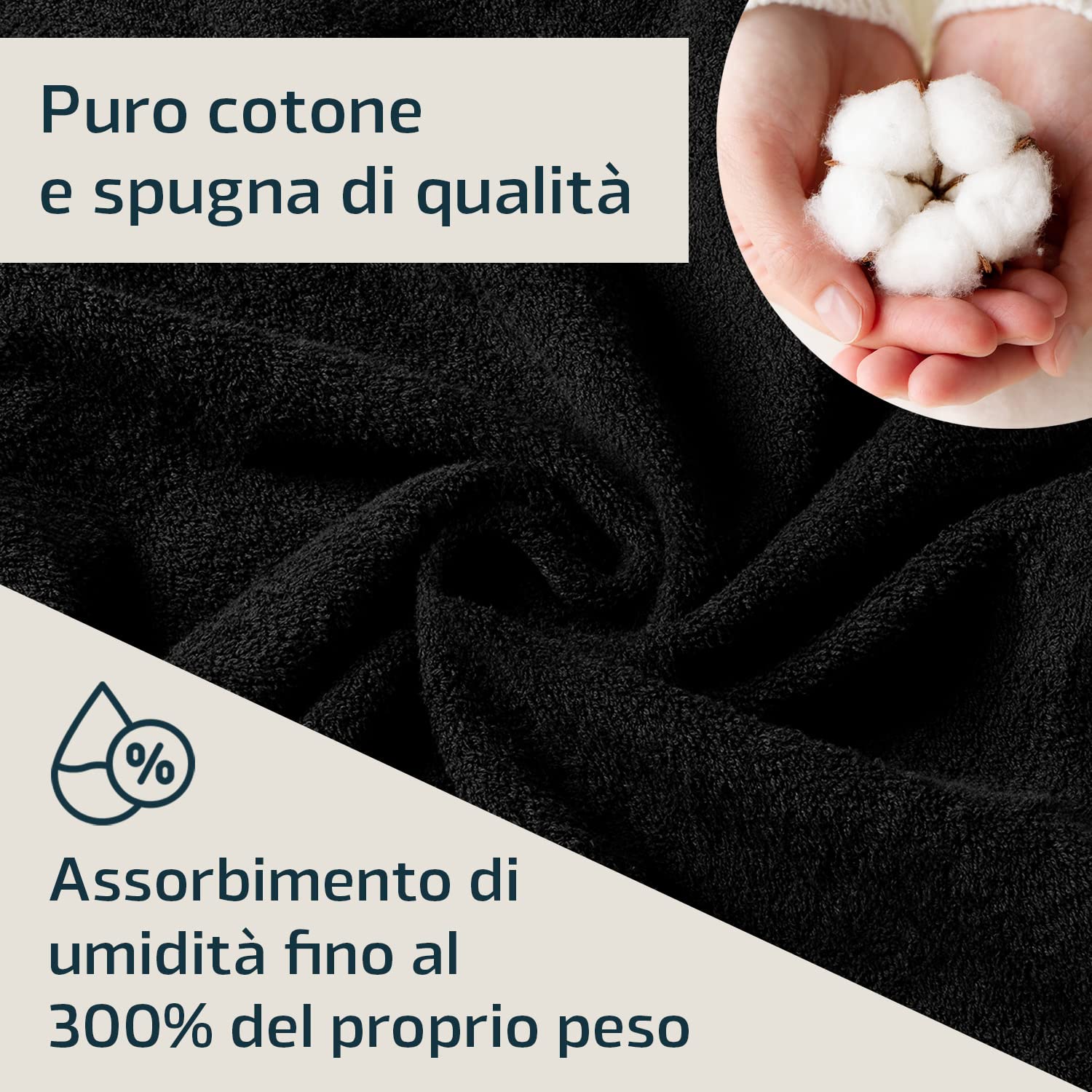 Telo da bagno/sauna XXL, 150 x 220 cm, puro cotone in qualità spugna, per uomini e donne particolarmente alti, Nero