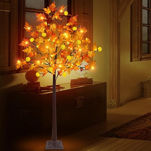 Miniatura 5 de Decoración de árbol de arce de otoño preiluminado de 6 pies de alto, 117 LED con 12 calabazas, bellota y temporizador, 8 modos intermitentes,
