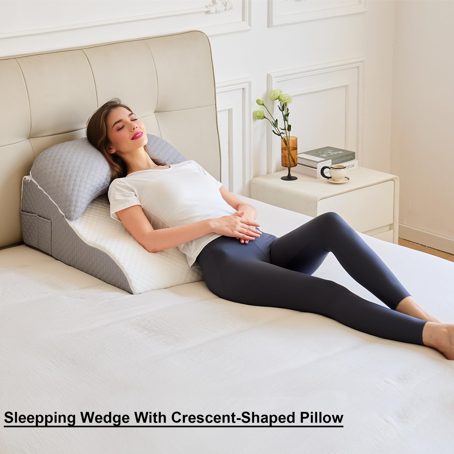 Almohada ortopédica de cuña con almohada de media luna extraíble, soporte para dormir, sentarse, reflujo ácido y recuperación postoperatoria, cojín ajustable para cuello, espalda y codo, blanco y gris