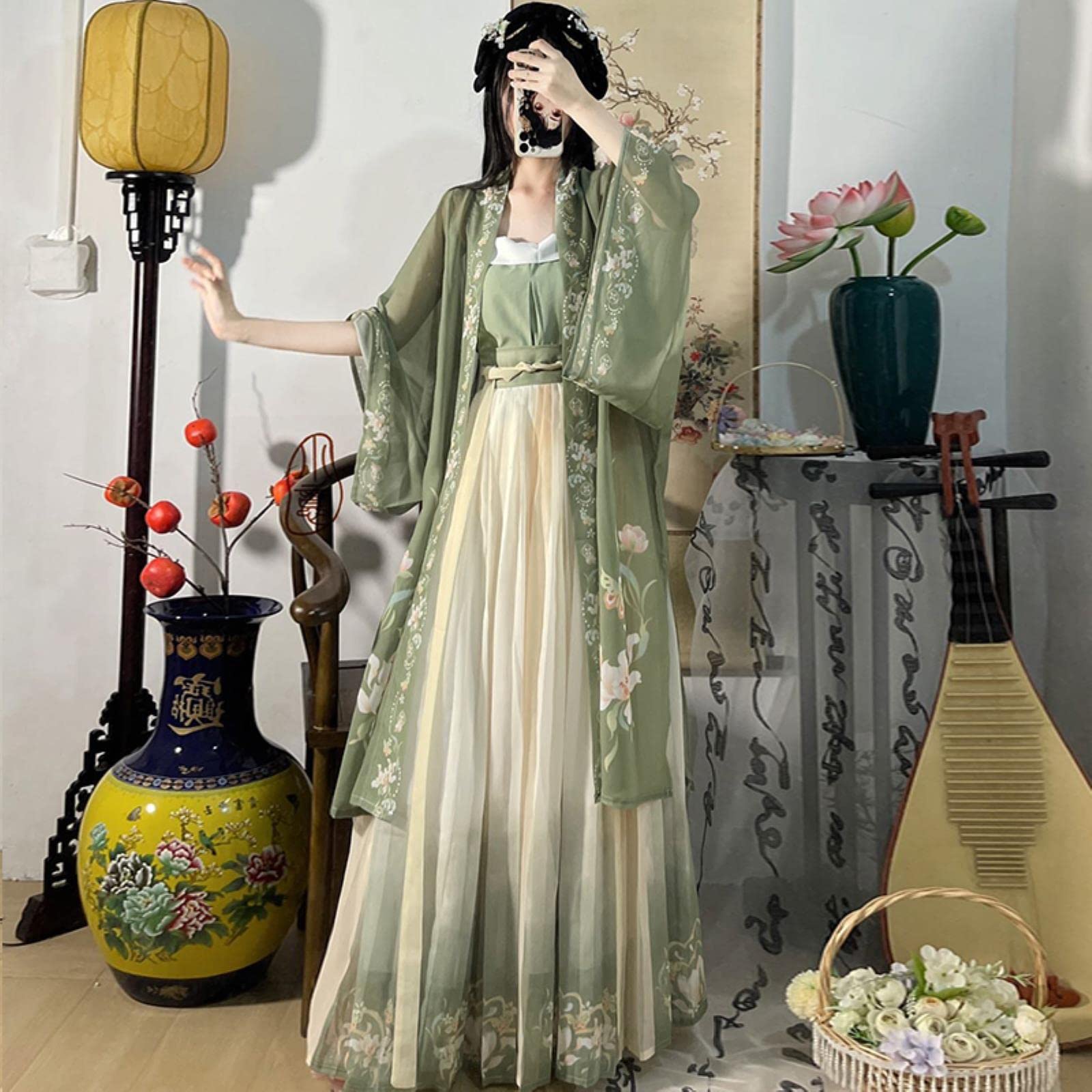 Chińska sukienka Hanfu 3 sztuk zestaw herbata zielona płynąca sukienka maxi chińskie starożytne kobiety sukienka haftowana kostium do strzelania ukończenie szkoły-jeden zestaw 3 szt., L, CN (tylko 1