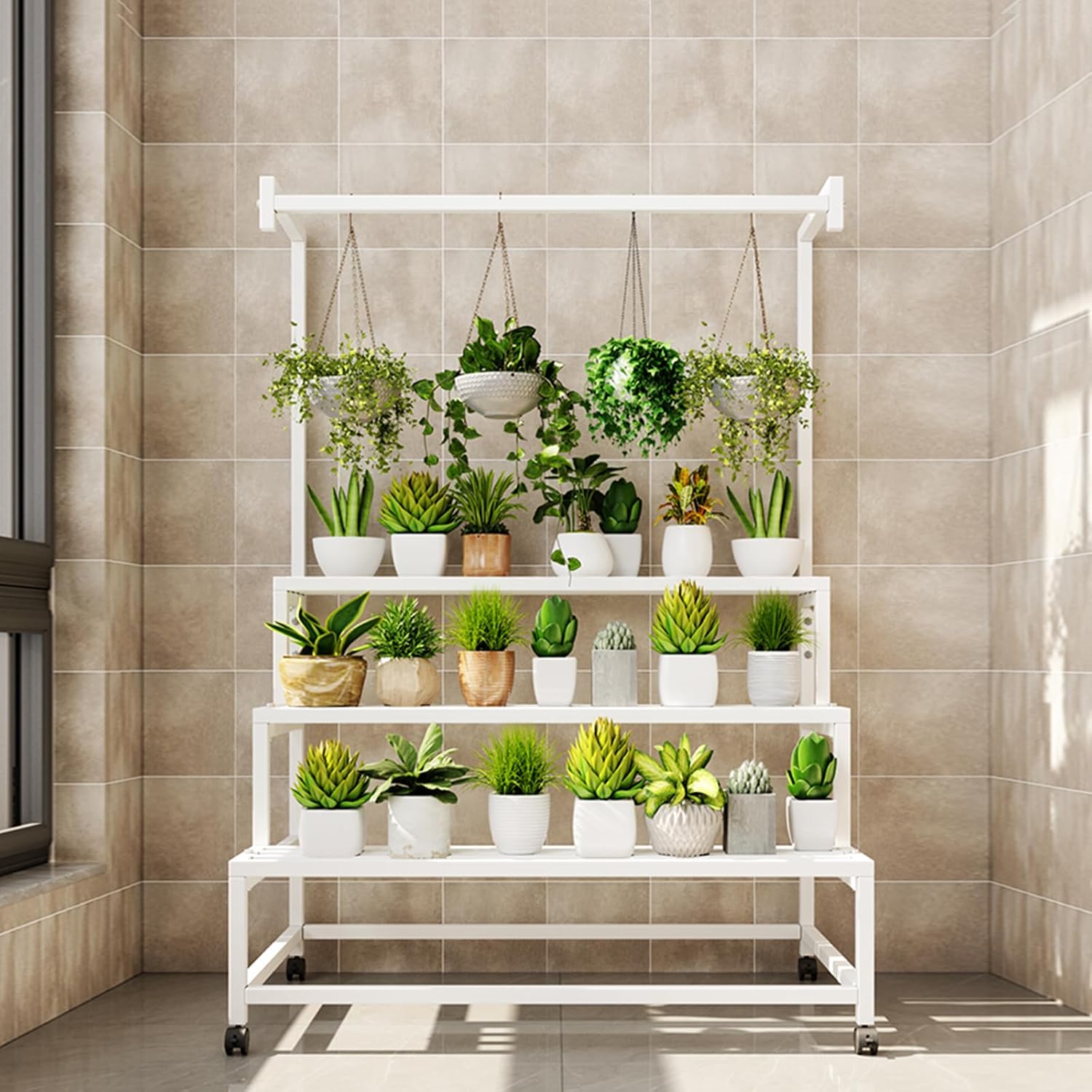 3 Tier Large Metal Plant Stand, with Hanging Tall Plant pot shelf, with Rollers Heavy Duty Plant Holder, for Home/Garden/living room/balcony (BLACK, 47IN)