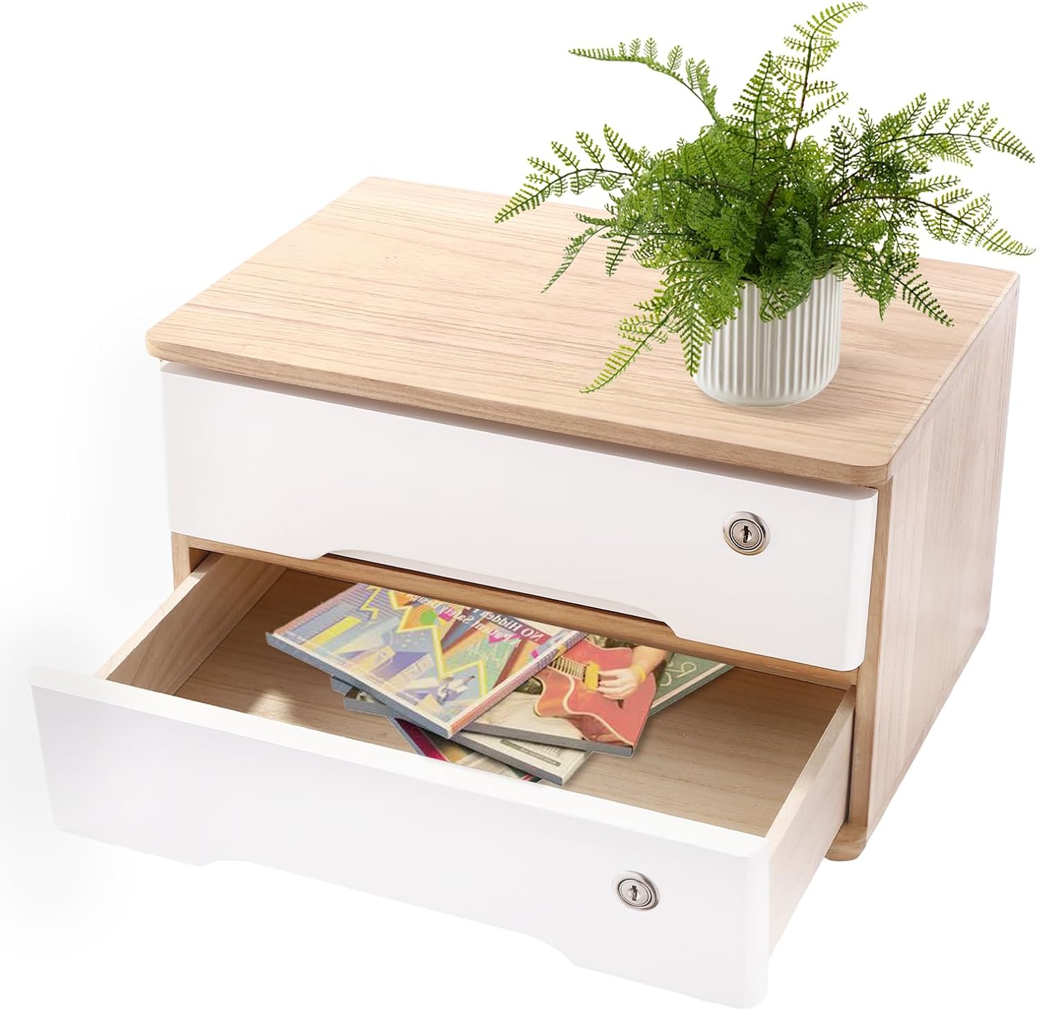Wooden Desktop Storage Box with Lockable Drawers,2 Drawer Desktop Organizer Cabinet,Flat File Cabinet,Countertop Storage Cabinet for Office Home Toiletries Supplies Vanity (Natural wood,white 2 locks)