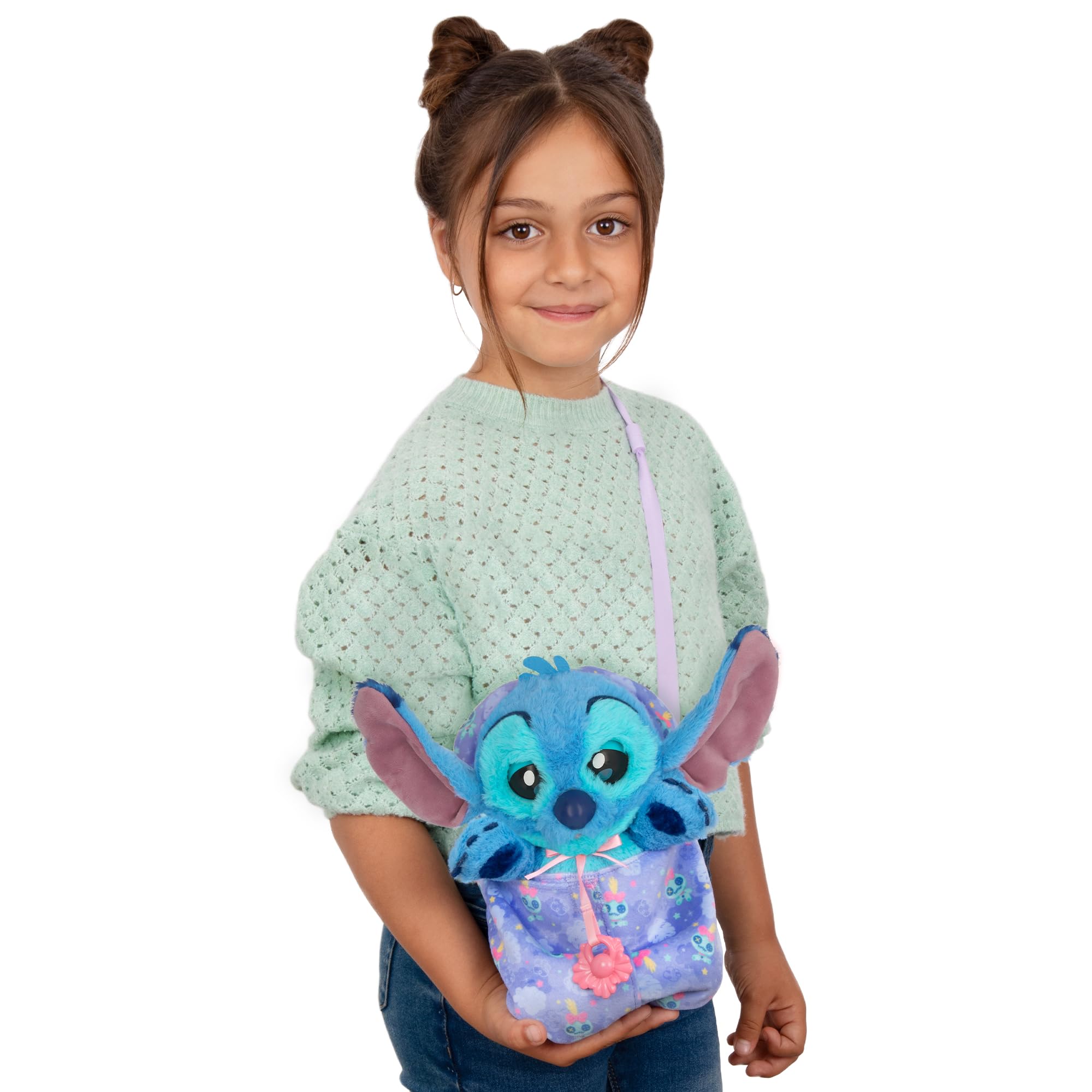 Baby Paws Stitch, Peluche Interactivo, con Sonidos Que Abre y Cierra los Ojos e Incluye una Bolsa para Llevarlo Contigo, Juguete Regalo para Niños y Niñas de 3 Años o Más