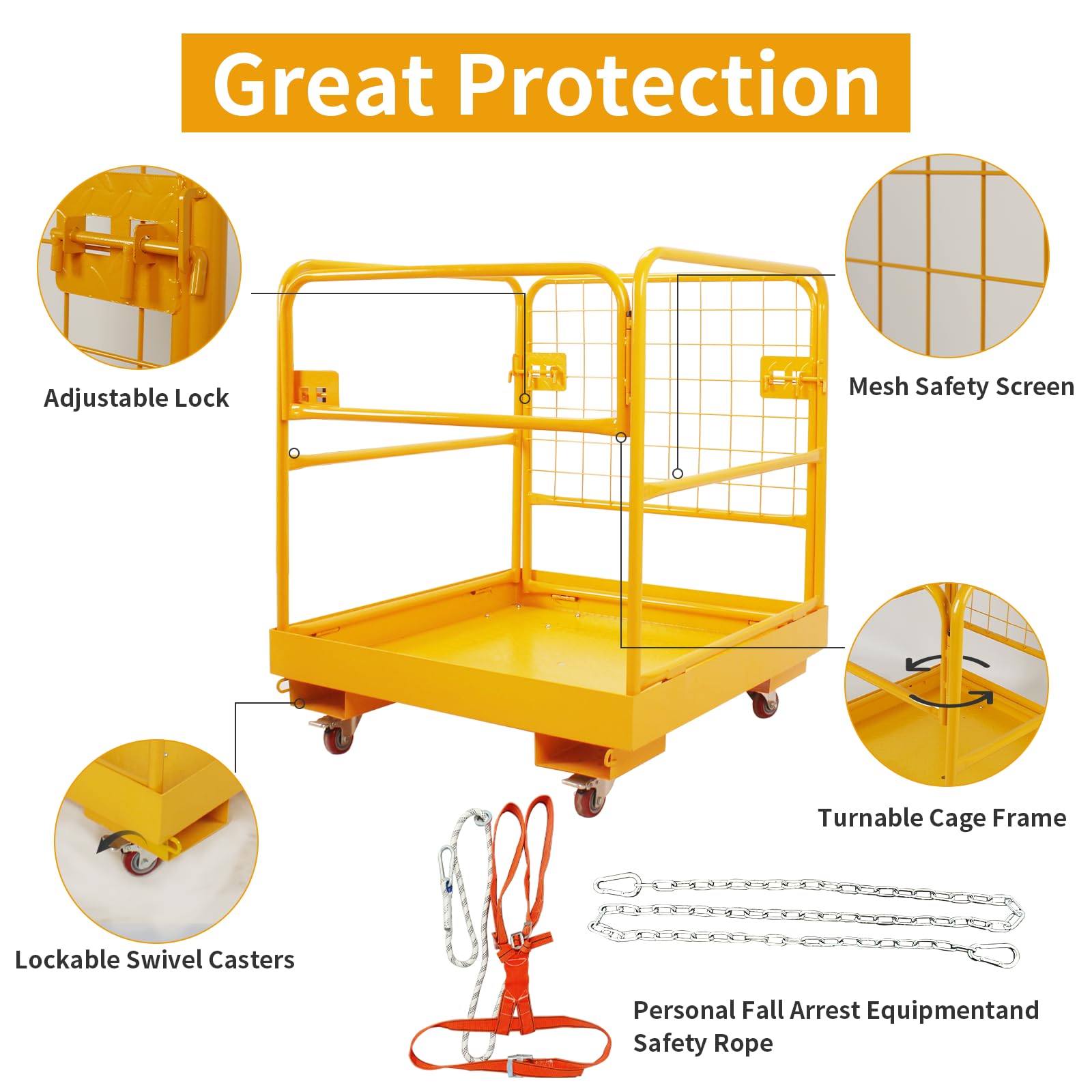 Jaula de seguridad para carretilla elevadora, cesta de elevación de 36 x 36 pulgadas, cesta de carretilla elevadora resistente, capacidad de 1200 libras con 4 ruedas, juego de seguridad,
