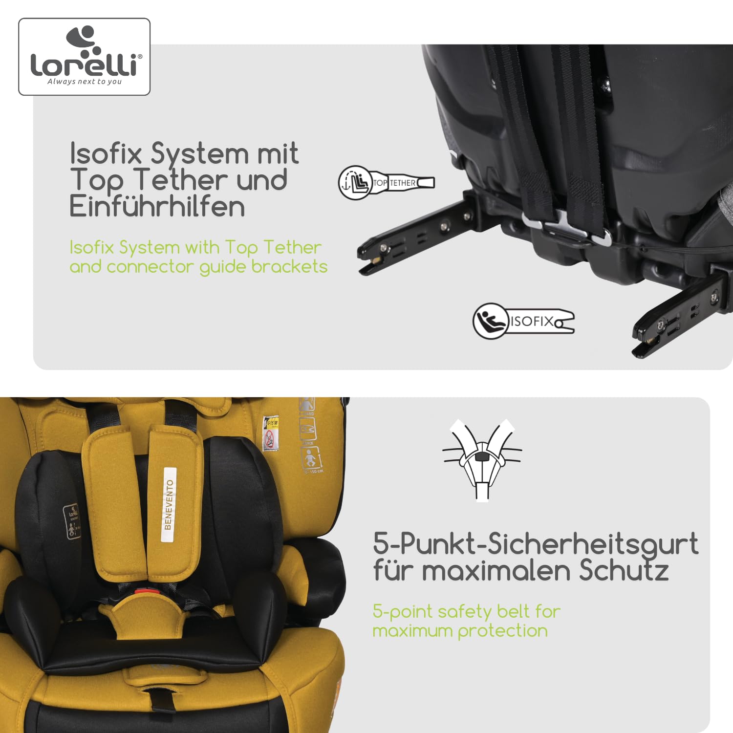 Lorelli Auto Kindersitz Benevento mit Isofix i-Size, Mitwachsender Autositz für Kinder von 76-150 cm, Babysitz, Autokindersitz, Einstellbare Kopfstütze, 5-Punkt-Sicherheitsgurt, gelb