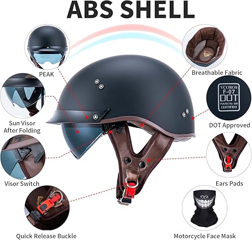Miniatura 7 de Casco de media motocicleta con visera de cara abierta, hebilla de liberación rápida, aprobado por DOT, cascos de piloto de crucero para adultos,