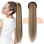 SEIKEA 28 Ponytail Extensions Drawstring Long Straight Fake Pony Tail Natural Soft Clip in Hair Extension Synthetic Heat Resistant Hairpiece - Ash Brown with Platinum Blonde Hightlights