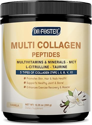 DRFOSTER Péptidos de colágeno de vainilla en polvo para mujeres y hombres, colágeno multi tipo I II III V X con multivitaminas y minerales para