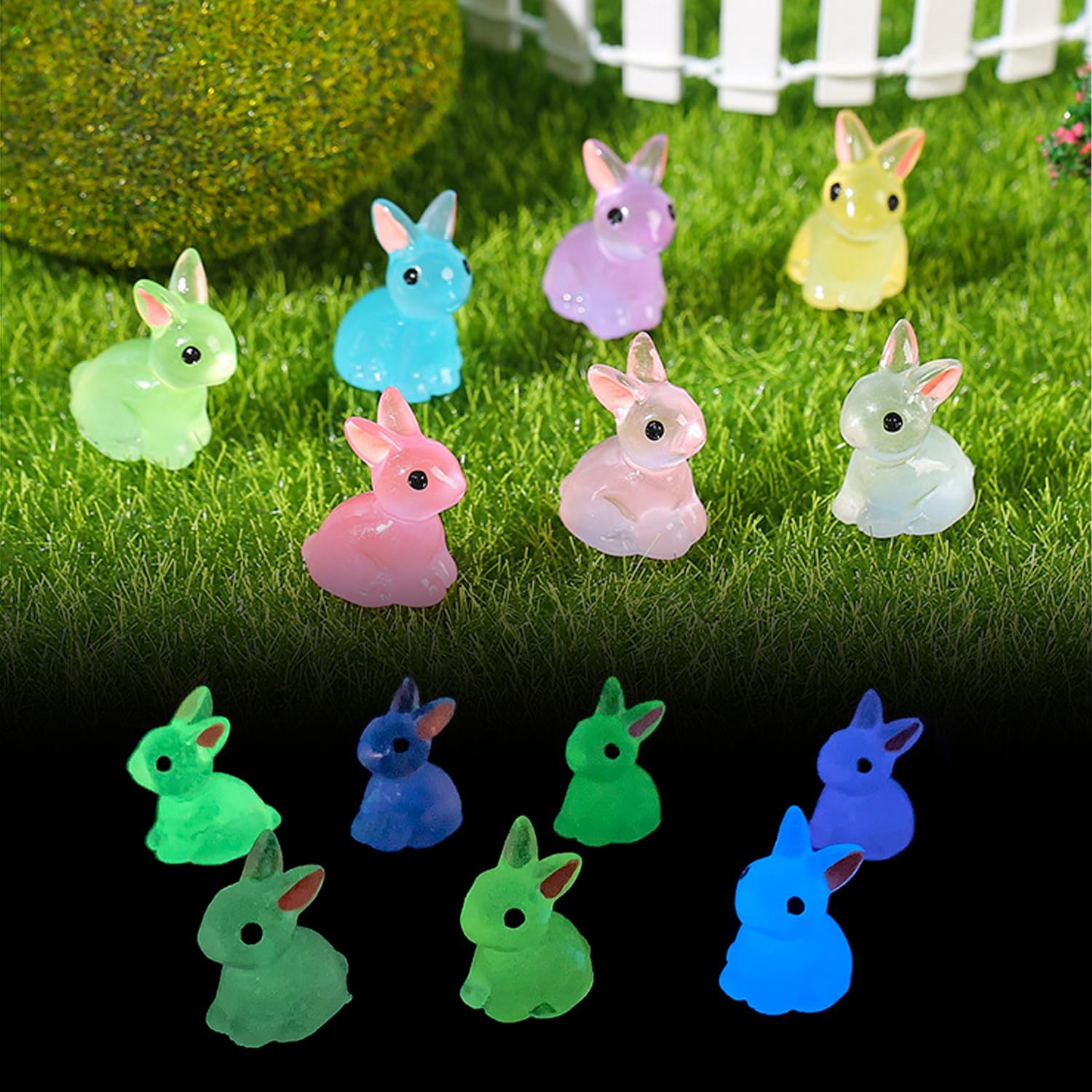 Dsliha Colorful 70Pcs Easter Mini Resin Bunny Glow In The Dark Mini Rabbits Luminous Tiny/Little/Small Resin Bunnies Animals For Dollhouse Accessories Micro Fairy Garden Decor Easter Egg Fillers Party, Diy Craft
