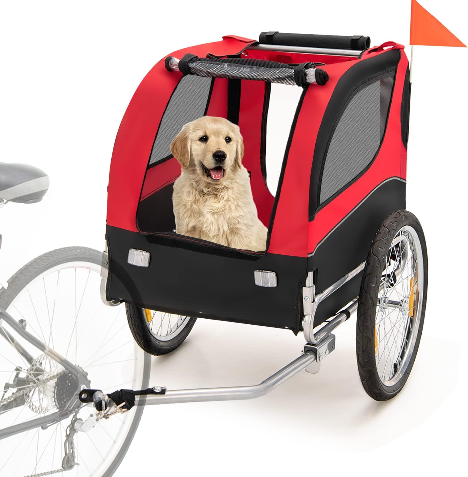 GYMAX Dog Bike Trailer, Folding Pet Bicycle Cart Carrier with 3 Entrances, Safety Flag, Reflectors, Quick Release Wheels and Bicycle Couple, Universal Pet Trailer
