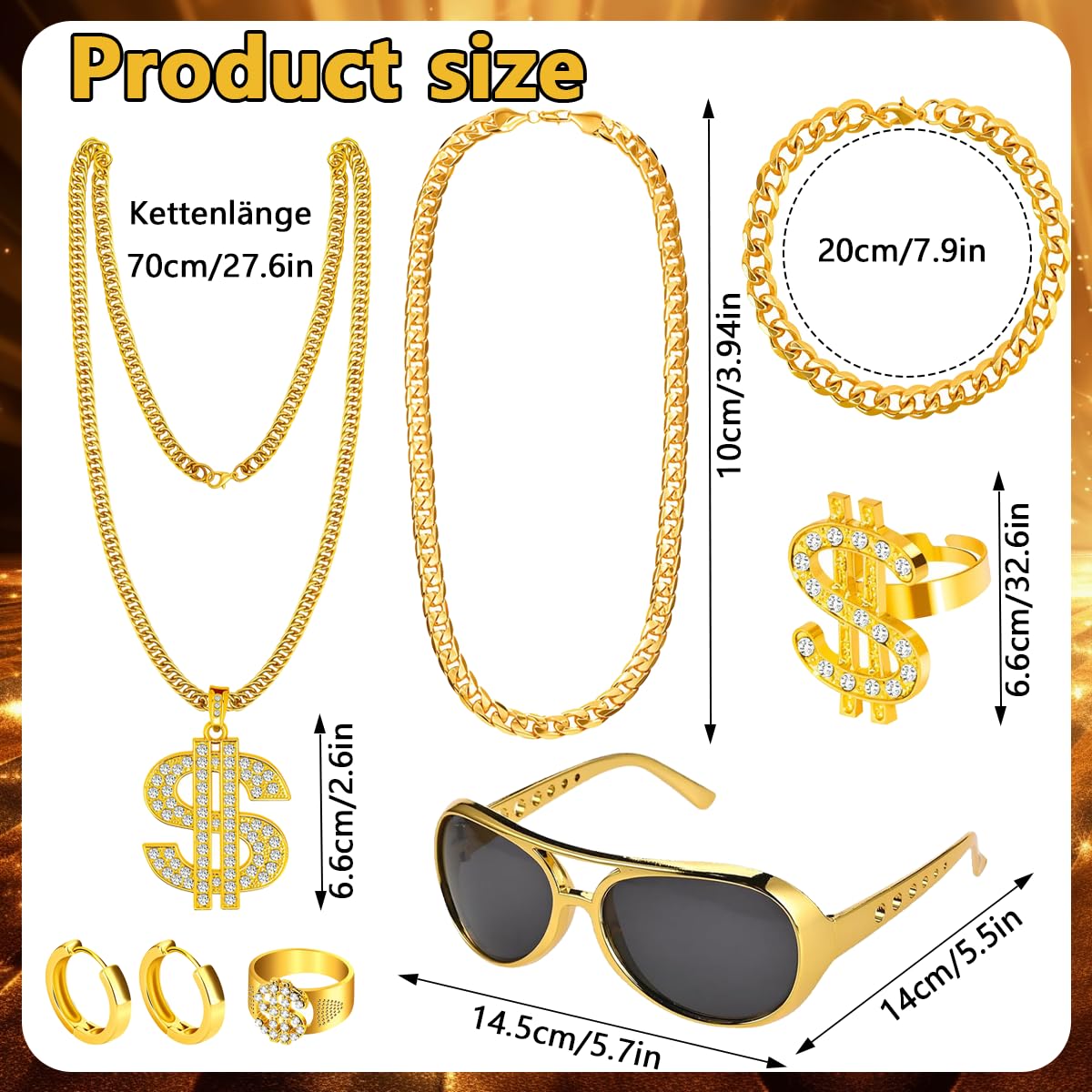 Doodlewitz 7Pcs Hip Hop Party Decorations, Fake Gold Chain, Gold Chain Dollar, 90s Fancy Dress Men, Hip Hop Costume - Image 2