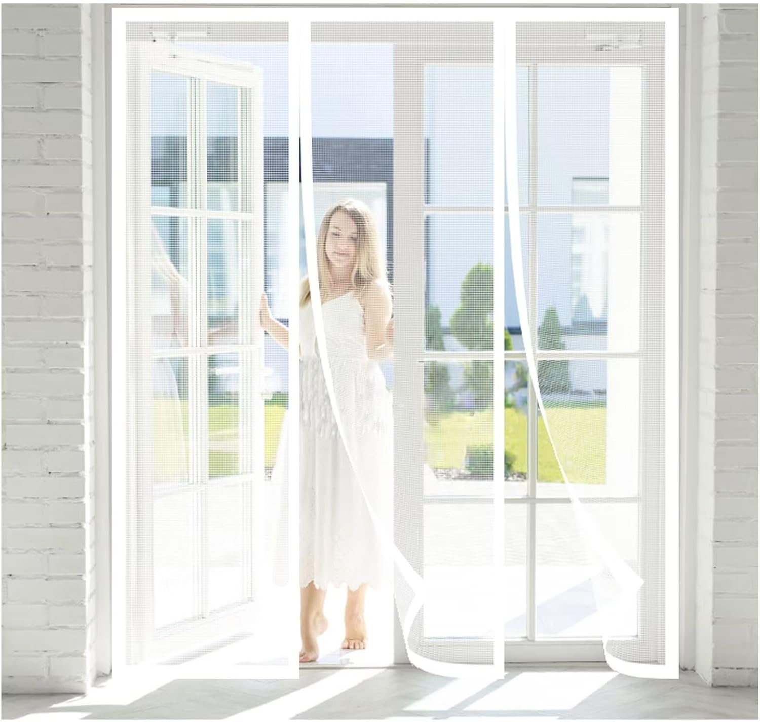 Magnetic Garage Screen Door for Car Garage Doors 90x185cm - Reinforced Self Sealing Fiberglass Mesh Door with Hook and Loop Tapes,Hands Free Door Screen with Closure Weighted Bottom,White