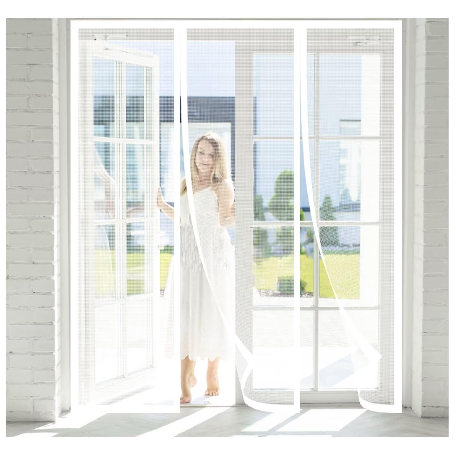 Mosquitera Puerta Magnetica Exterior,con de cierre de gancho y bucle e imanes potentes que cierran instantáneamente Sin Perforacion 265x235cm,Blanco
