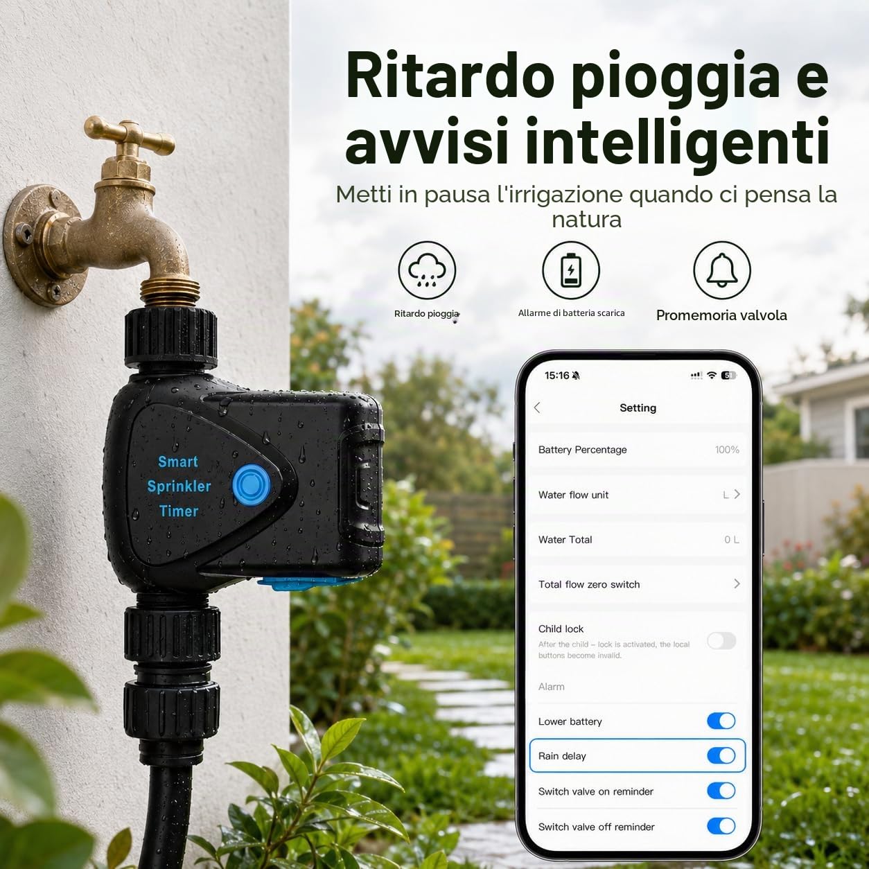 Timer Irrigazione WiFi con Misuratore d'Acqua Integrato, Programmatore Irrigazione Smart senza Hub, Controllo App 2,4 GHz, Irrigazione a Volume, Programmazione, IP65 per Giardino Prato Serra