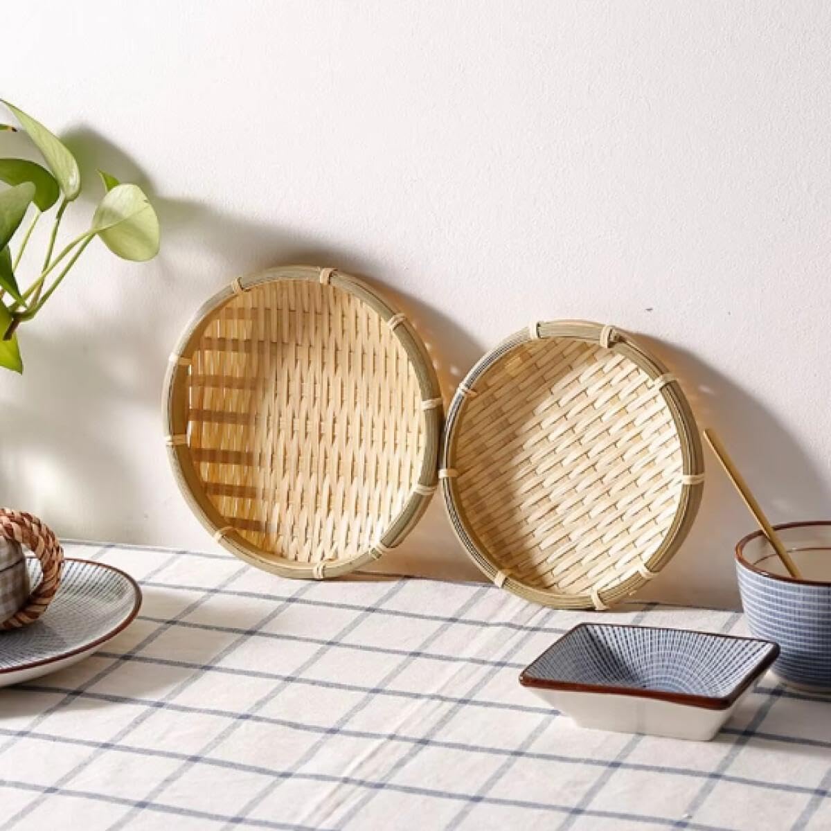 (Dia.16cm/6.3inch) Woven Bamboo Tray Basket Wicker Bread Basket Handmade Bamboo Woven Basket Tray,10 pack