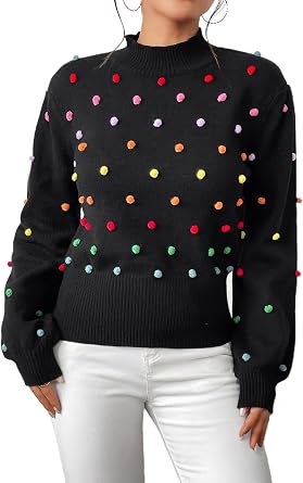 CXINS Womens 2025 Fashion Mock Neck Lantern Sleeve Rainbow Colorful Pom Pom Sweater Pullover Elegant Knit Jumper Top