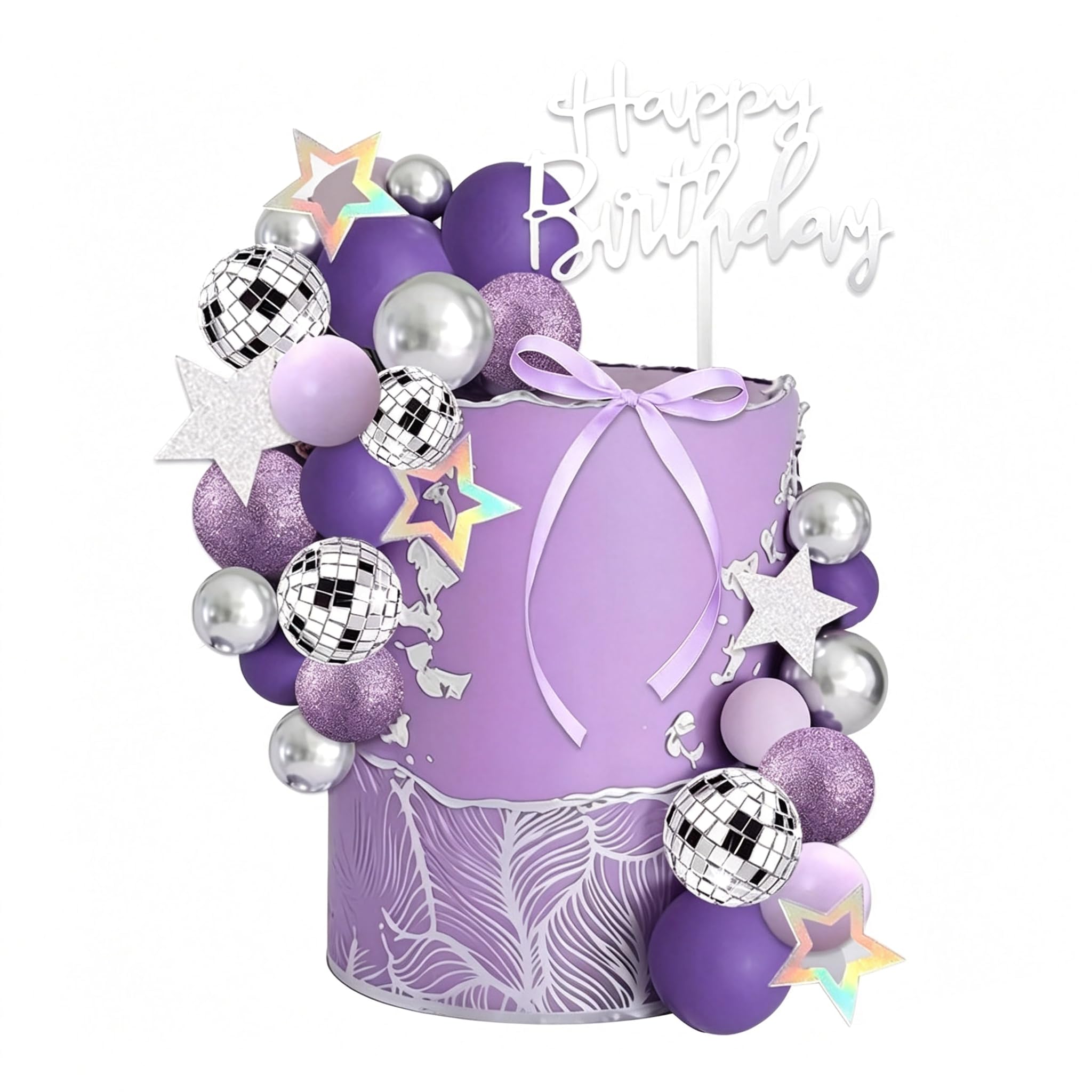 exylosluxek 50PCS Purple Disco Ball Cake Decorations, Kpop Cake Topper with Stars Bows for Birthday Party, Disco Ball & Kpop Cake Decor, Purple Cake Decor Supplies