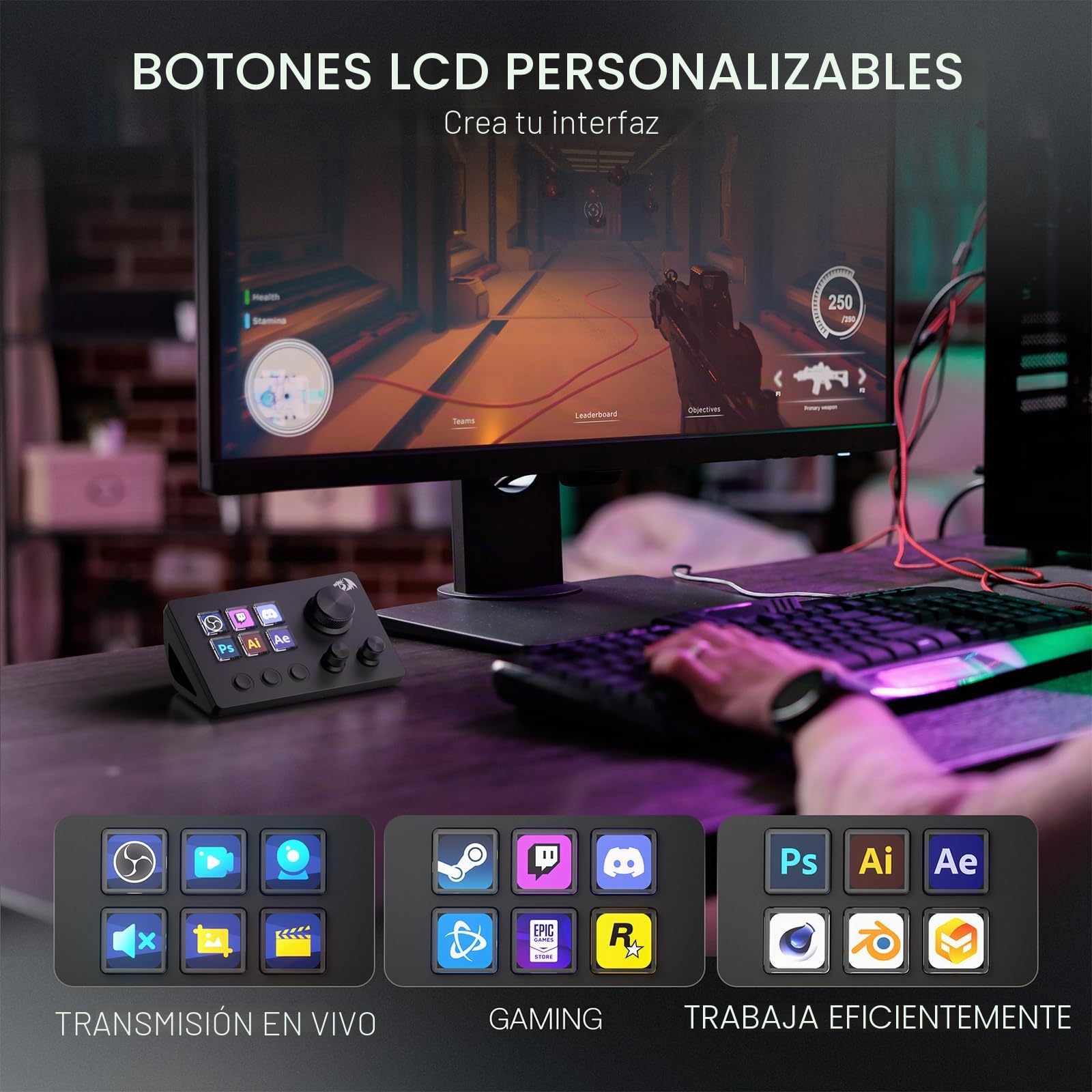 Redragon SS551 Controlador Streaming Macro Pad con Teclas LCD | Macro pad todo en uno con teclas y diales LCD, estación de streaming para creadores y gaming, compatible con PC y Mac