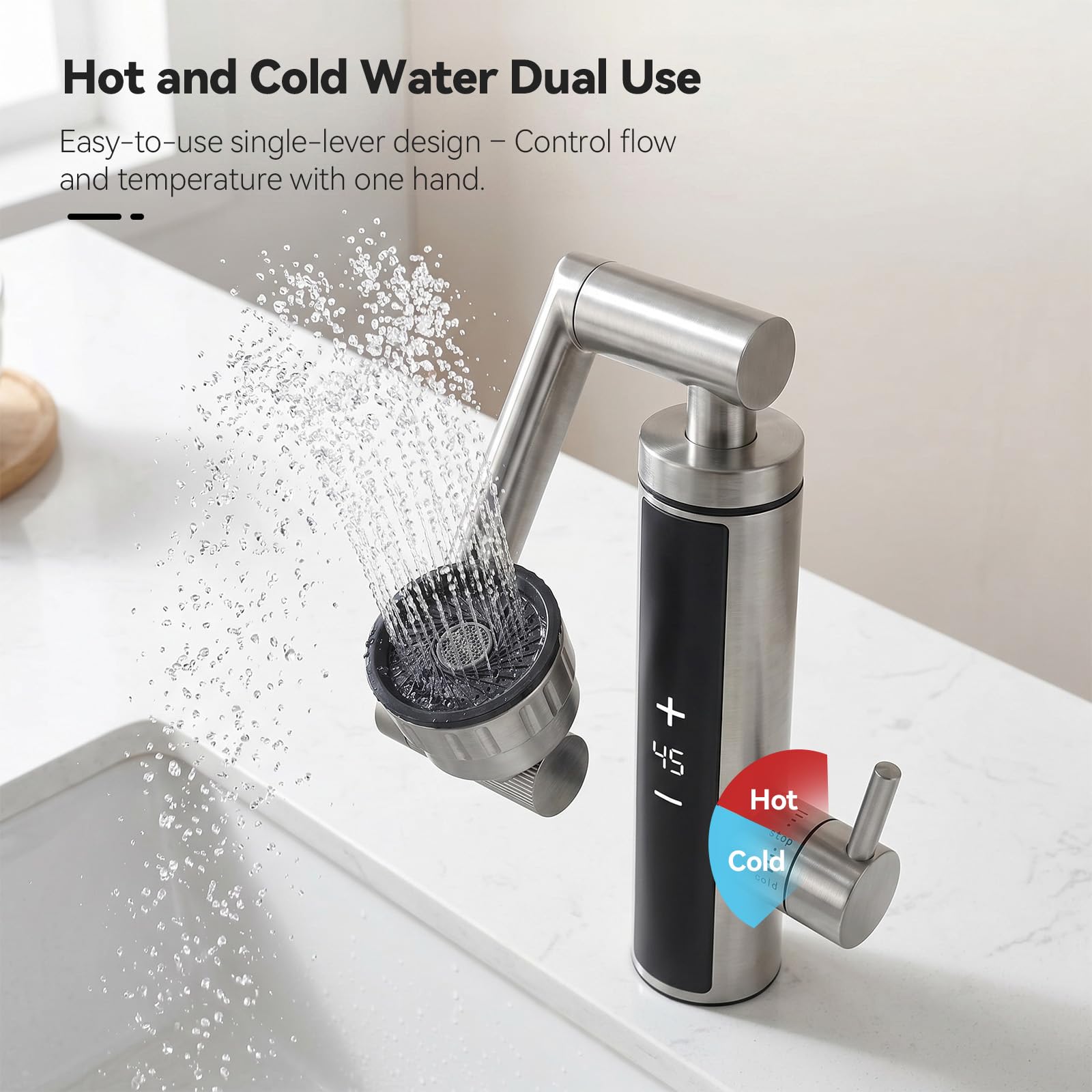 Wasserhahn mit Durchlauferhitzer, Warmwasserhahn Dlektrisch, Elektrischer Heiß- und Kaltmischer Wasserheizhahn mit digitaler Anzeige, 230 V Edelstahl Wasserhahn mit 360° drehbarem (Sliver)