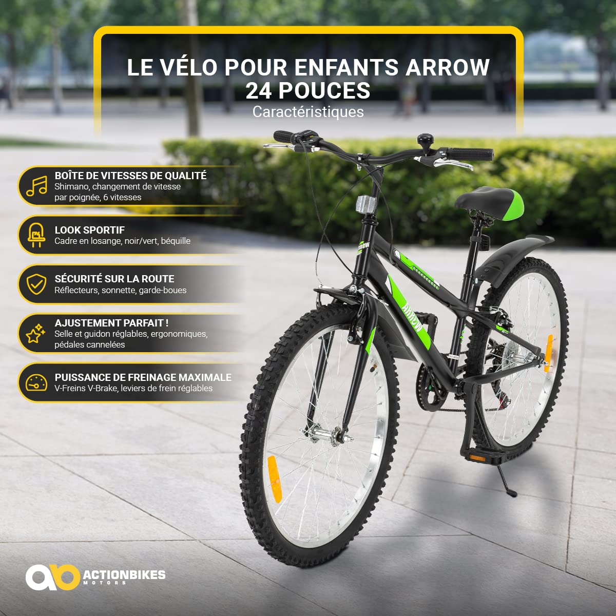 Actionbikes Motors Vélo Enfant Arrow - 20 24 Pouces - Vélo pour Filles et garçons - VTT - De 6 à 12 Ans - 6 Vitesses - Frein V-Brake - Garde-Boue Avant et arrière - Vélos pour Enfants