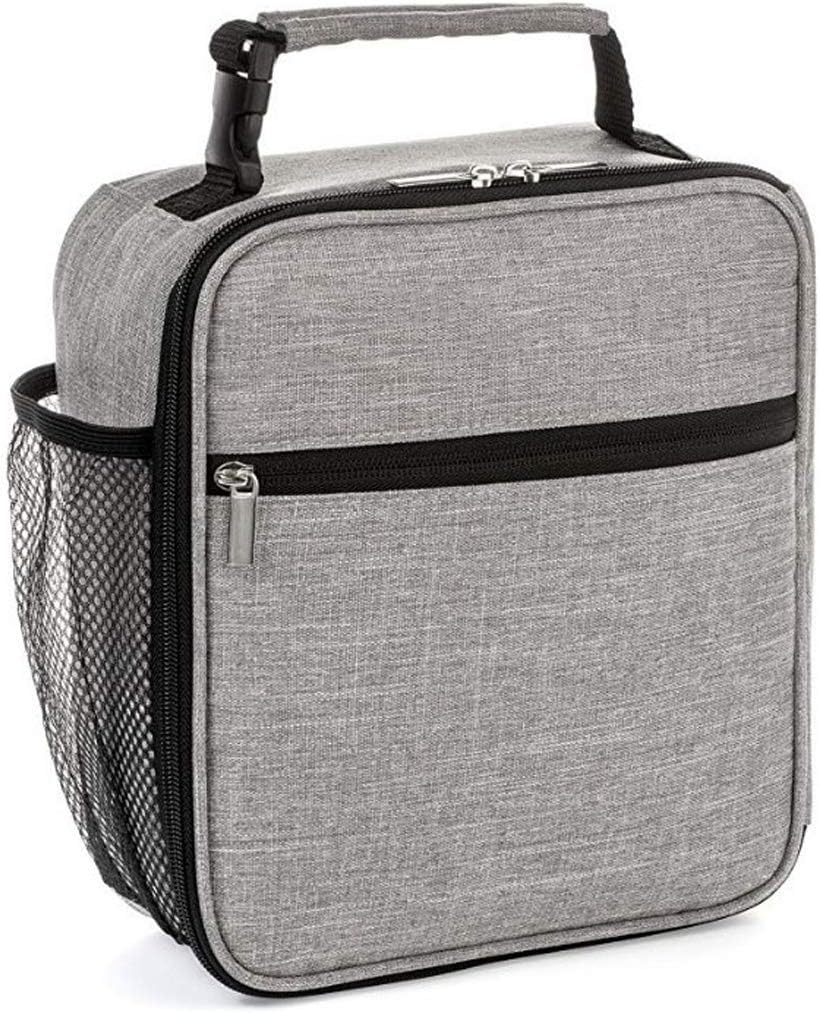Insulated Lunch Bag with Net Pocket, 600D Oxford Cloth Portable Leakproof Food Drink Lunch Bag 26 * 11 * 23cm for Kids Adults (Grey)
