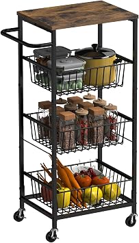 Kitchen Cart with Drawers on Wheels, Industrial Rolling Utility Cart Organizer with Wooden Top & Lockable Wheels, 4 Tier Metal Fruit Vegetable Storage Rack for Jars Drinks Office Bath Supplies, Black