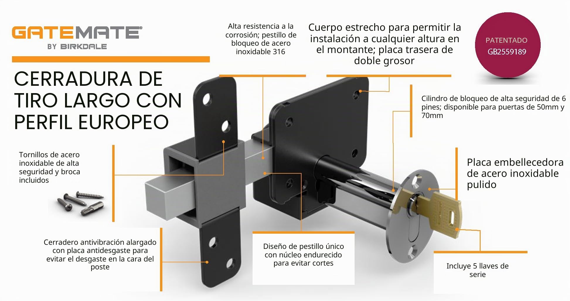 Cerrojo de Pasador 1490116 Euro Largo Solo lo 2 3/4 Pulgadas 70 mm con Pulgar Trn P11, Negro/Acero Inoxidable