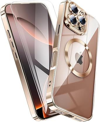Clear Titanium for iPhone 16 Pro Max Case with Screen Protector [Compatible with MagSafe][Full Camera Cover Protection] Metallic Glossy Luxury Soft TPU for iPhone 16 ProMax Phone Case,Gold