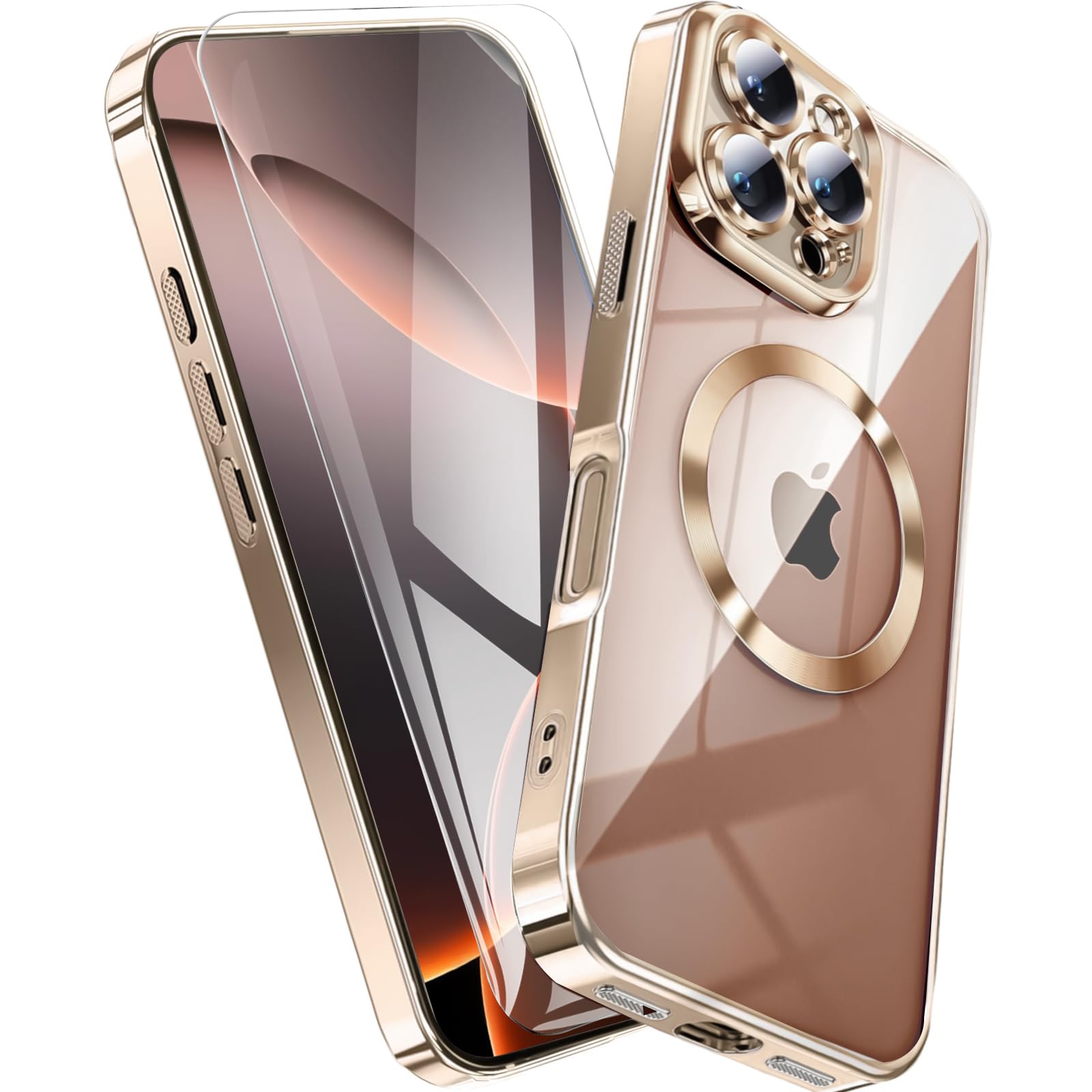 Coque iPhone 16 Pro Max compatible MagSafe antichoc étui silicone transparent doré or - 8