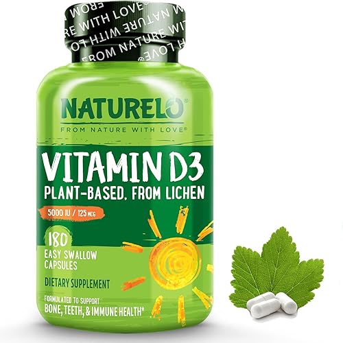 NATURELO Vitamina D - 5000 UI - A base de plantas a partir de liquen - Suplemento D3 natural para el sistema inmunológico, apoyo óseo, salud de las