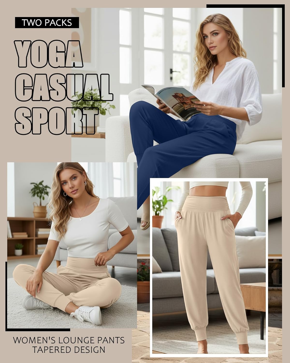 2 Pack Women's Yoga Joggers, Cozy Sweatpants with Pockets Casual Loose Comfy High Waisted Lounge Pants - Image 3