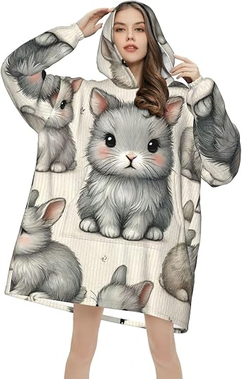 Oversized Wearable Blanket Hoodie Grey Bunny Rabbits Large Pocket Sweatshirt For Women Men,Adult