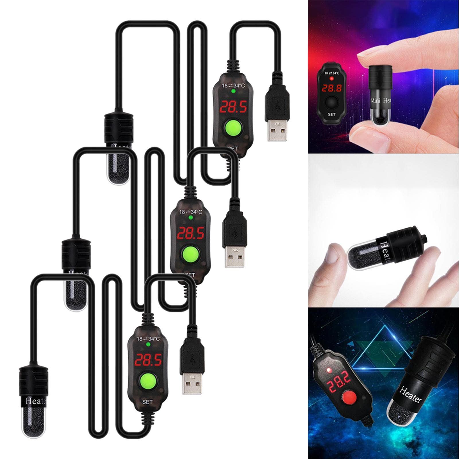 3X Calentador de Acuario Varilla Termostato Sumergible Controlador de Temperatura Ajustable USB Pantalla LED Digital Material Nichrome Protección de