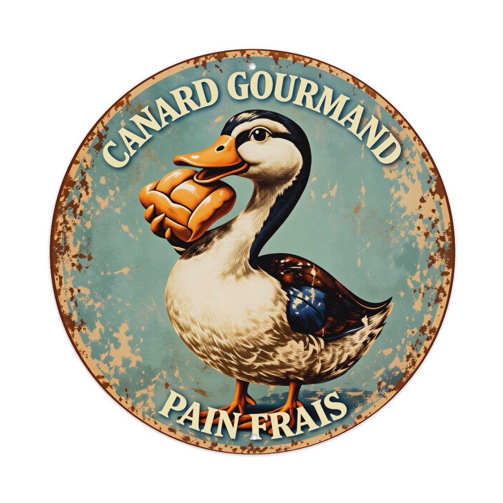 Duck Holding Bread Rustic Vintage Sign Blue Background Texture French Text Round Tin Sign Vintage Style Metal Sign Home Bar Garden Wall Plaque Decor Metal Poster 8x8 Inch