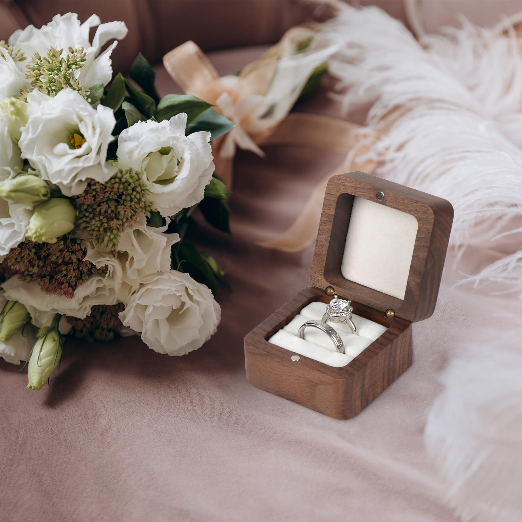 SLOZO Scatola per fedi nuziali in legno per 2 anelli, scatola per fedi nuziali per proposta, regalo per anello di fidanzamento per il giorno del matrimonio, scatola per anelli in legno fatta a mano,
