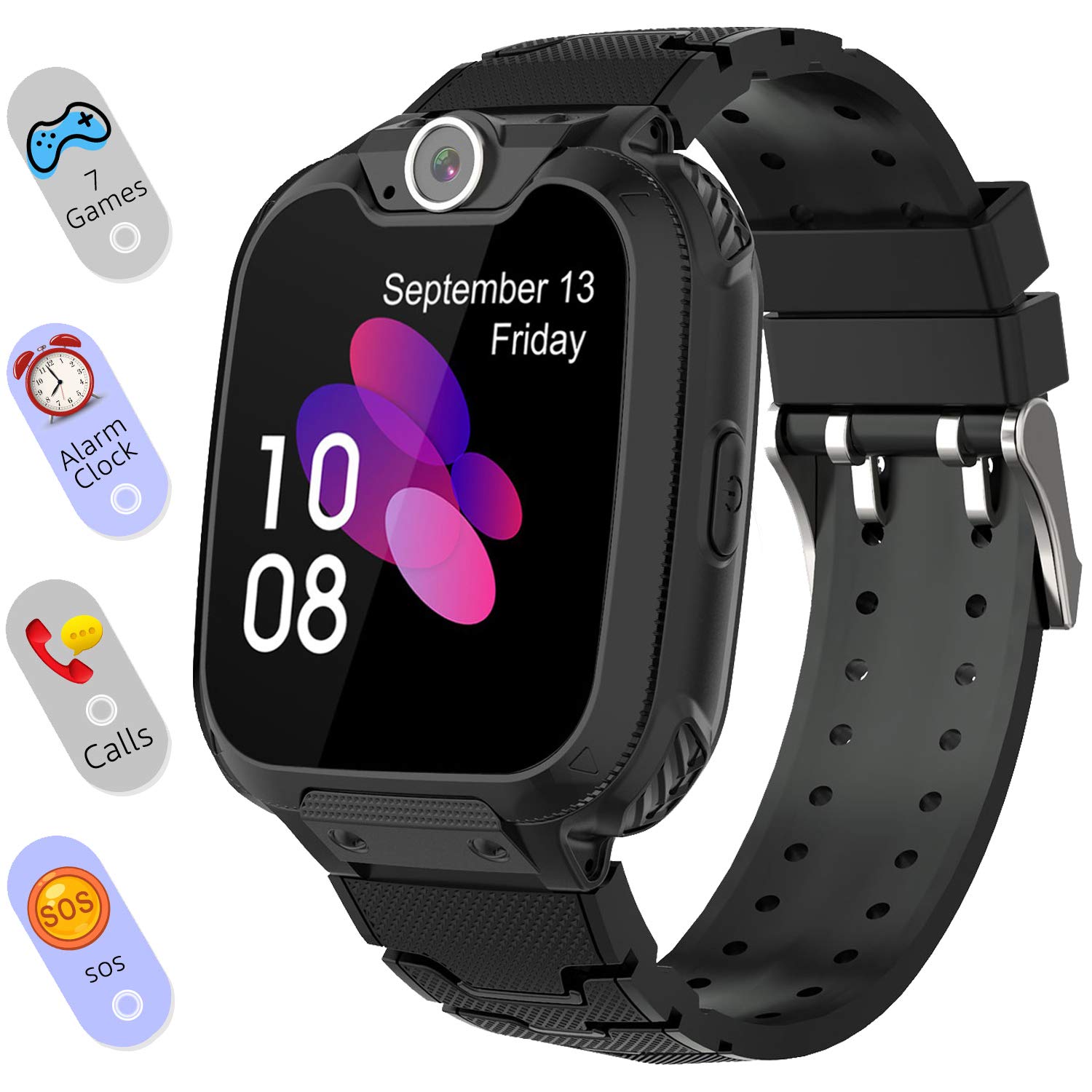 Smart Watch for Kids Boys Girls - Touch Screen Game Smartwatch with Call SOS Camera 7 Games Alarm Clock Music Player Record for Children Birthday Gifts 4-12 Kids Phone Watch with 1GB SD Card (Black)