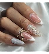 24Pcs French Tip Press On Nails Almond-Fake Nail with Nail Glue in 12 Sizes with Nail Tools,Reusa...