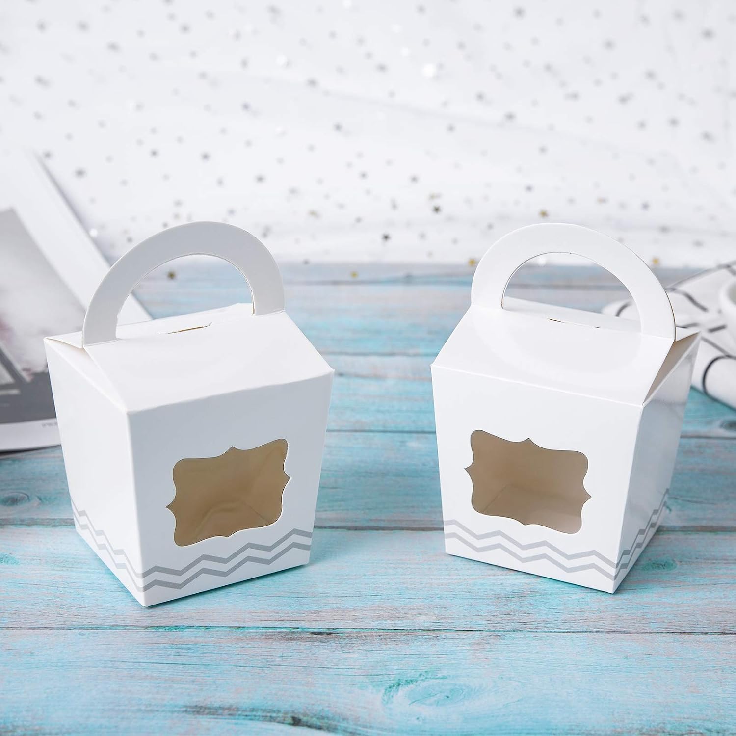 [24pcs]ONE MORE Single Small Mini Cupcake Boxes Individual Containers With Handle and PVC Window,Disposable Paper Cupcake Holders (White,24)