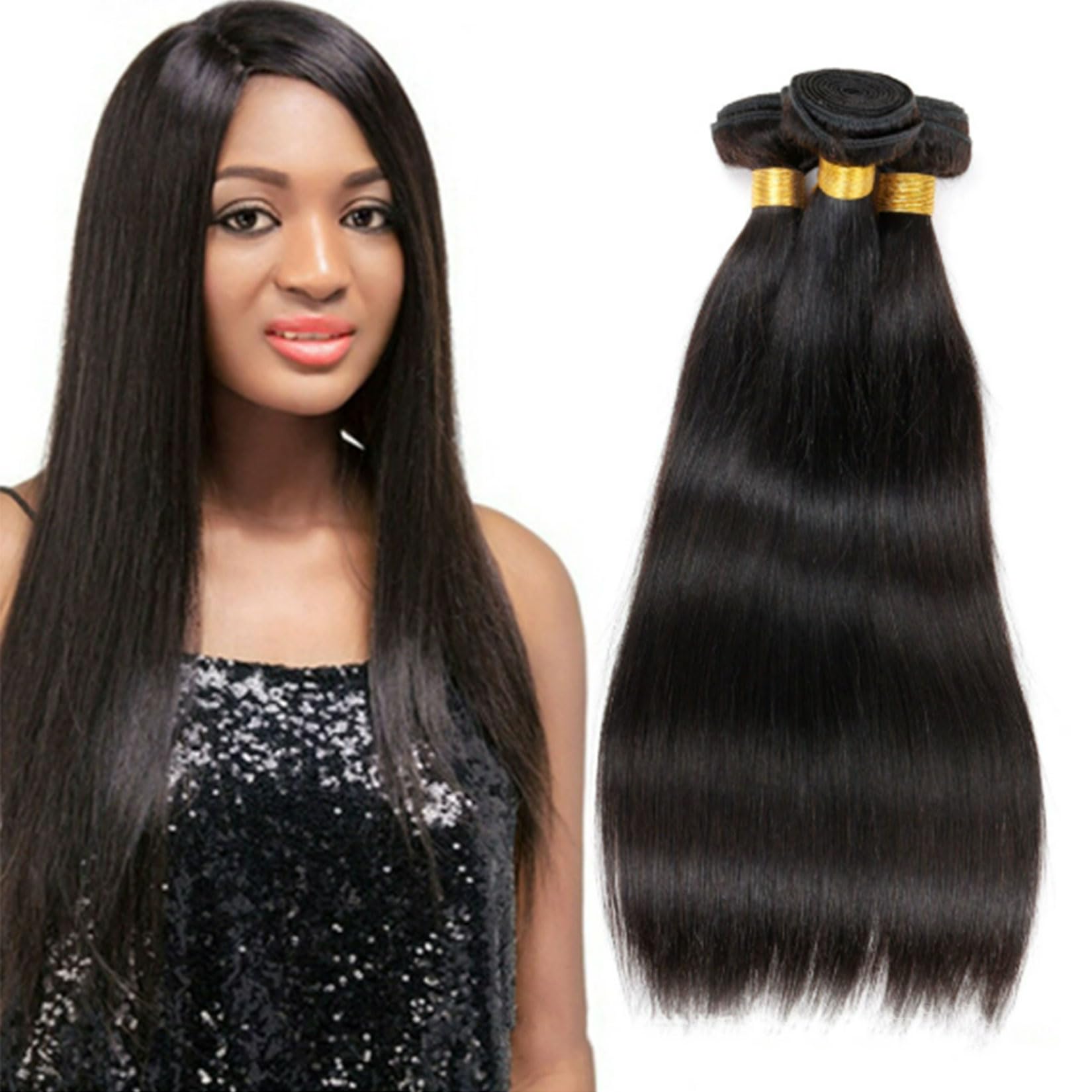 Extension di Capelli Lisci a Tenda in Capelli Umani per Donne Nere, 3 Pacchi di Capelli Umani 100% Vergini Brasiliani Non Trattati per Intrecci Veloci, Nero Naturale,24 26 28