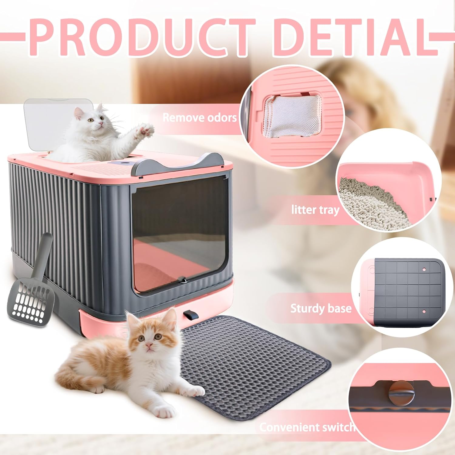 Cat Litter Box with Litter Mat, 17"x14"x13" Large Litter Box for Big Cats, Enclosed Removable Litter Boxs, Front Entry Top Exit Kitty Box, Odor Control, Easy to Clean (Pink Gray)