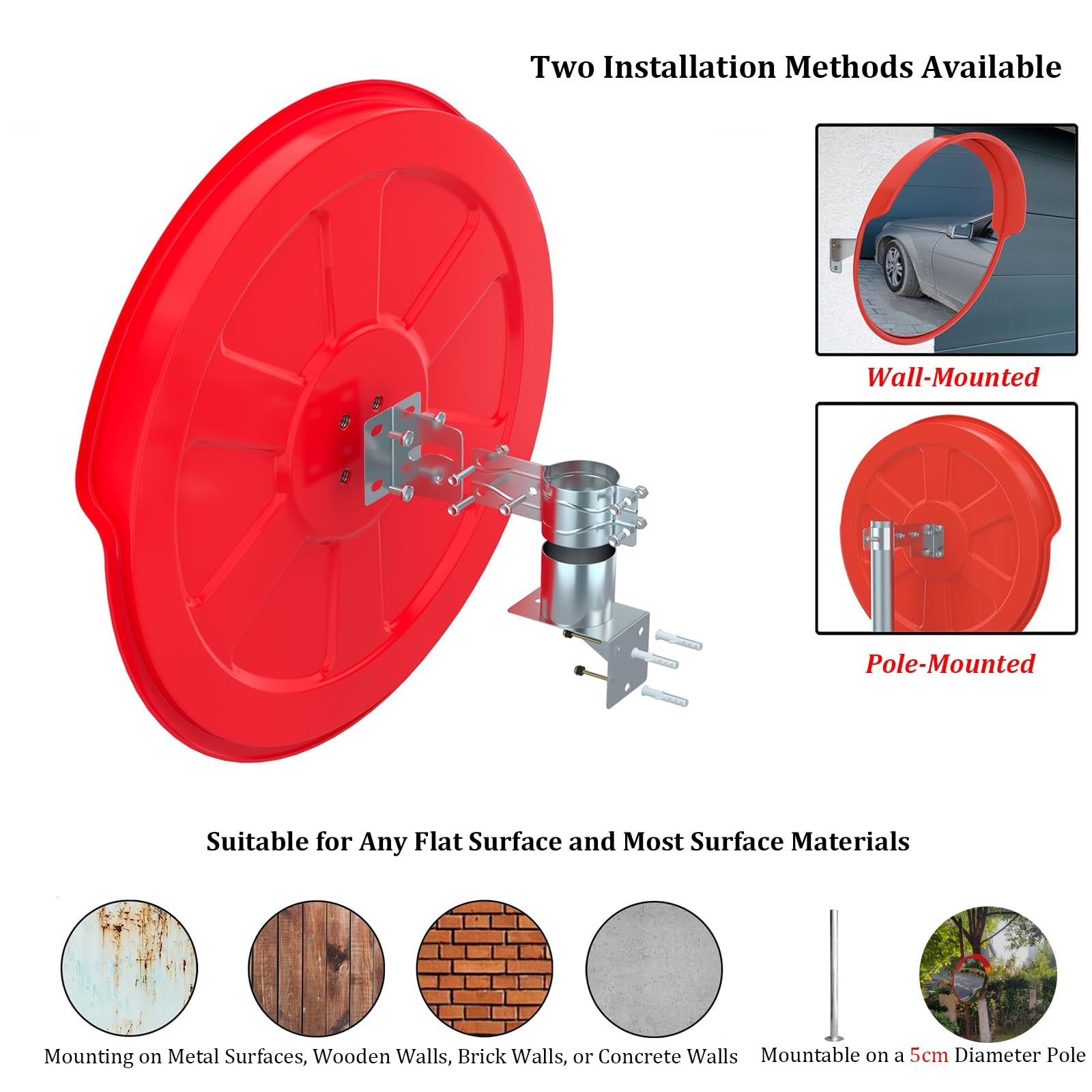 Miroir de sécurité convexe grand angle réglable, rétroviseur de sécurité routière extérieure avec lentille en polycarbonate et dos en ABS, miroir d'angle mort pour la surveillance(45cm)