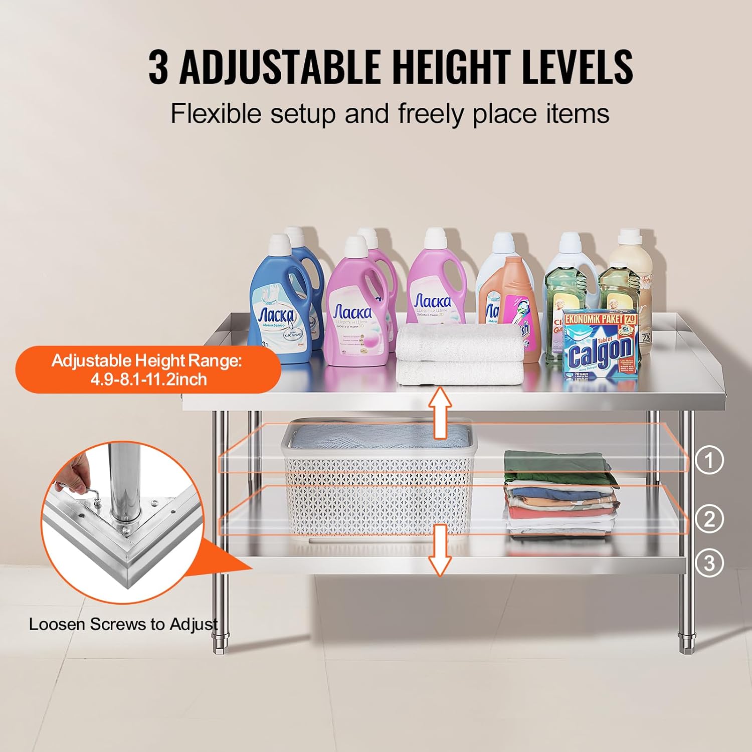 Happybuy 30 x 48 x 26 Inch Stainless Steel Work Table, Adjustable Height, Commercial Food Prep Table with 3-Sided Backsplash for Kitchen, Restaurant, Hotel