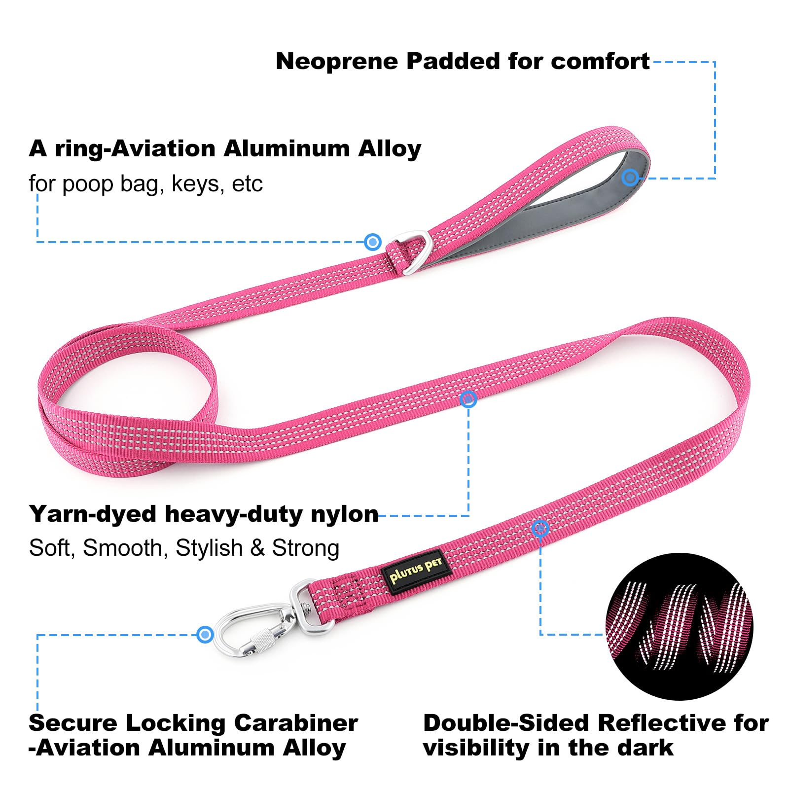 Plutus Pet Heavy Duty Dog Lead with Lockable Aluminum Carabiner, 4/6 Feet Long, Double-Sided Reflective Nylon, Padded Handle - Image 2