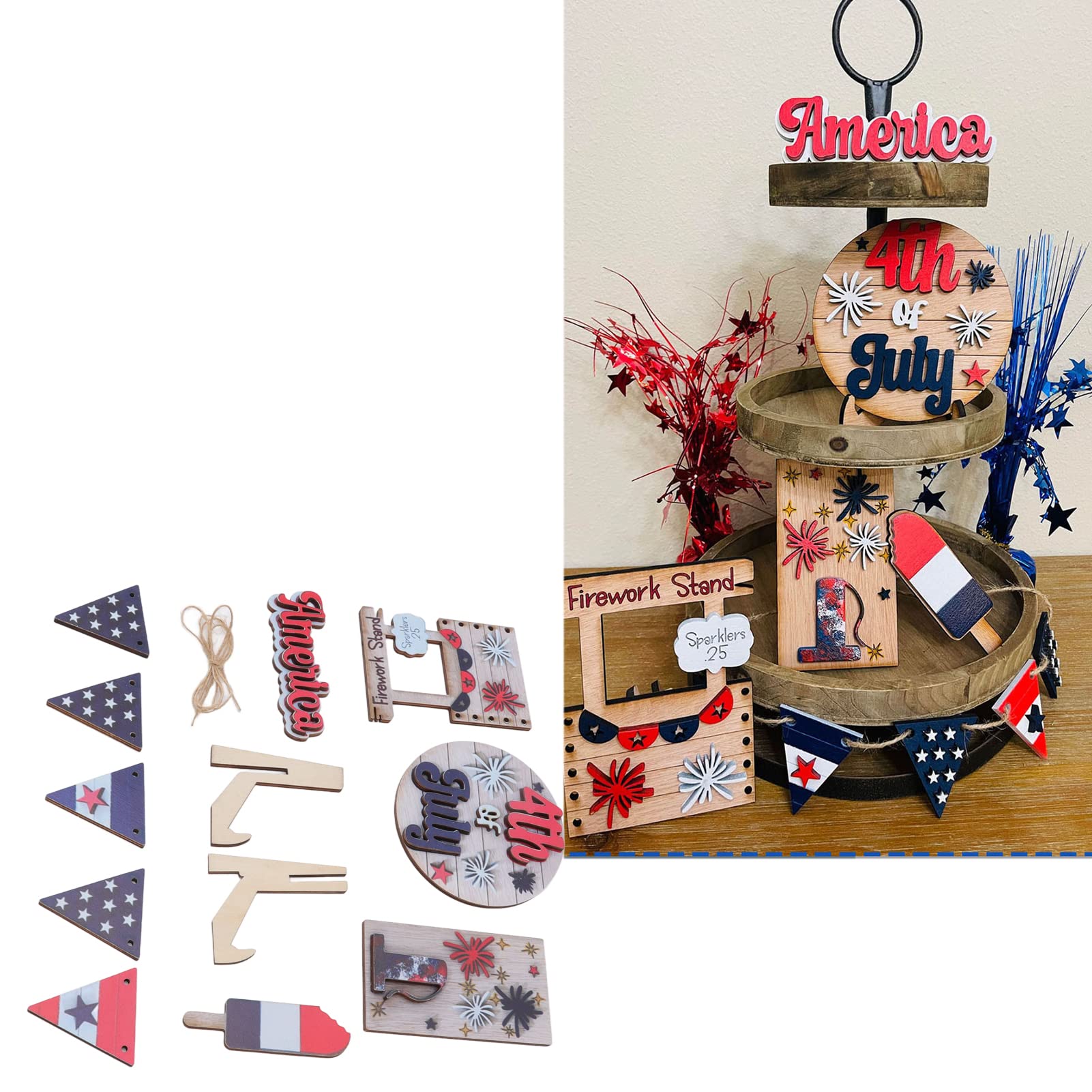 YEmirth 4th of July Tiered Tray Decor with LED Lights Patriotic Wooden Signs God Bless America USA Gnome American Flag Star Independence Day Farmhouse Rustic Red White Blue Sign for Home(A1)