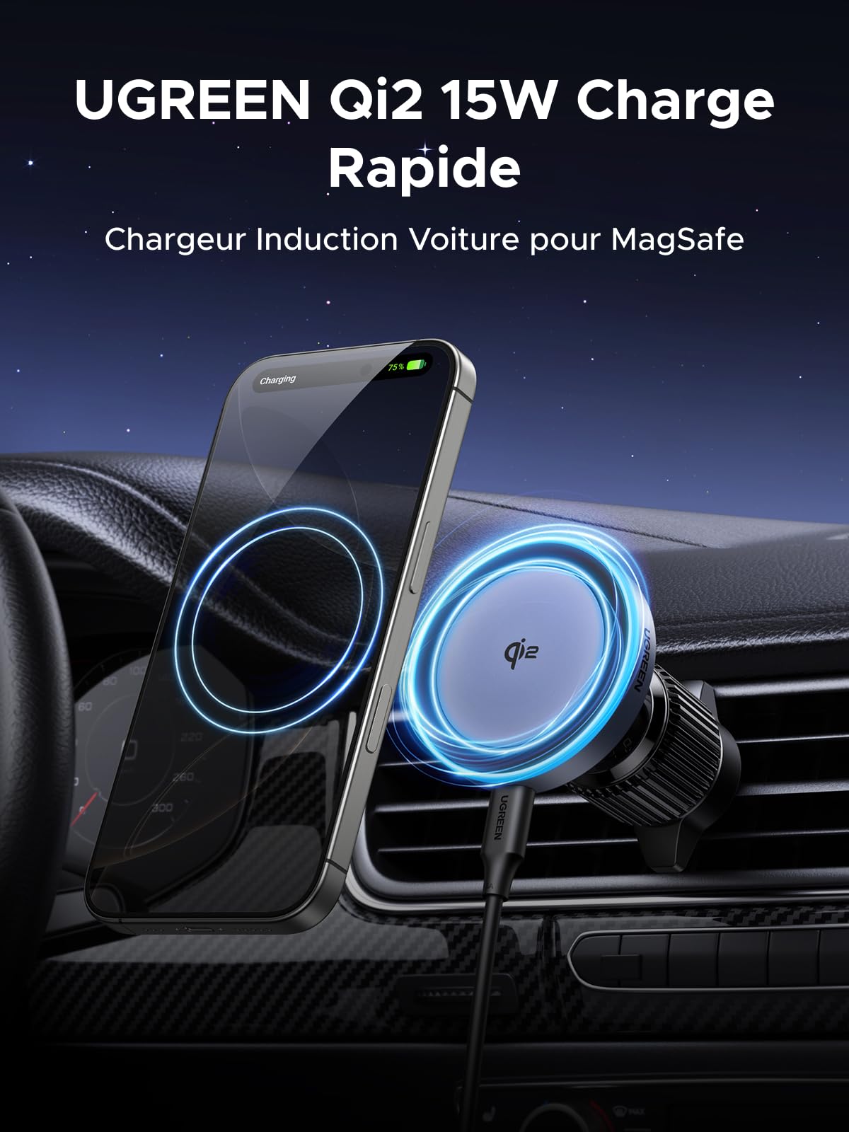UGREEN MagFlow Qi2 15W Support Téléphone Voiture Induction Compatible avec MagSafe iPhone 17 16 15 14 13 12 Air Plus Pro Max Porte Smartphone Magnétique sans Fil Charge Rapide Grille Aération